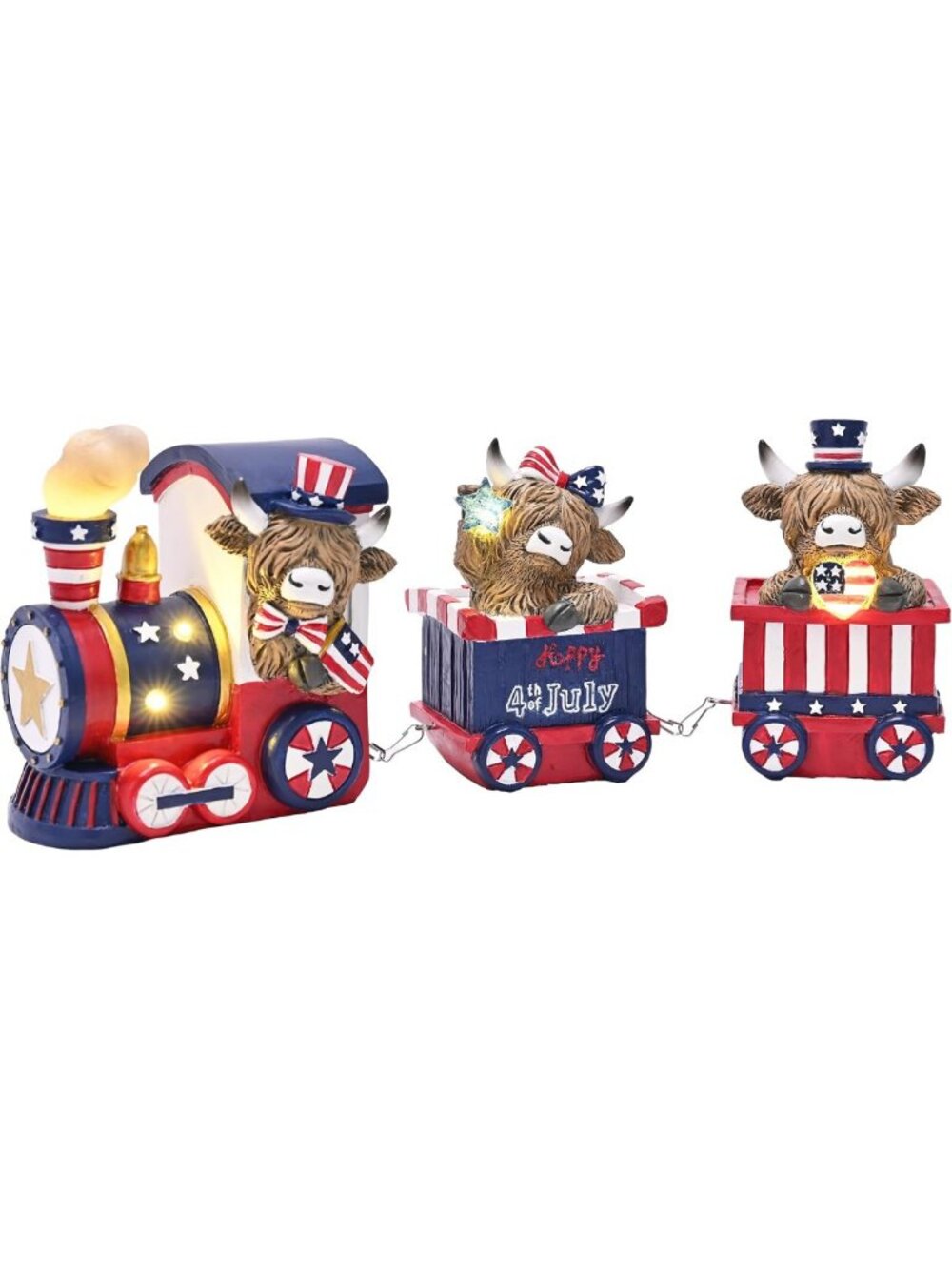 Patriotic 4th of July Highland Cow Train Decor - LED Lighted Home Decorations